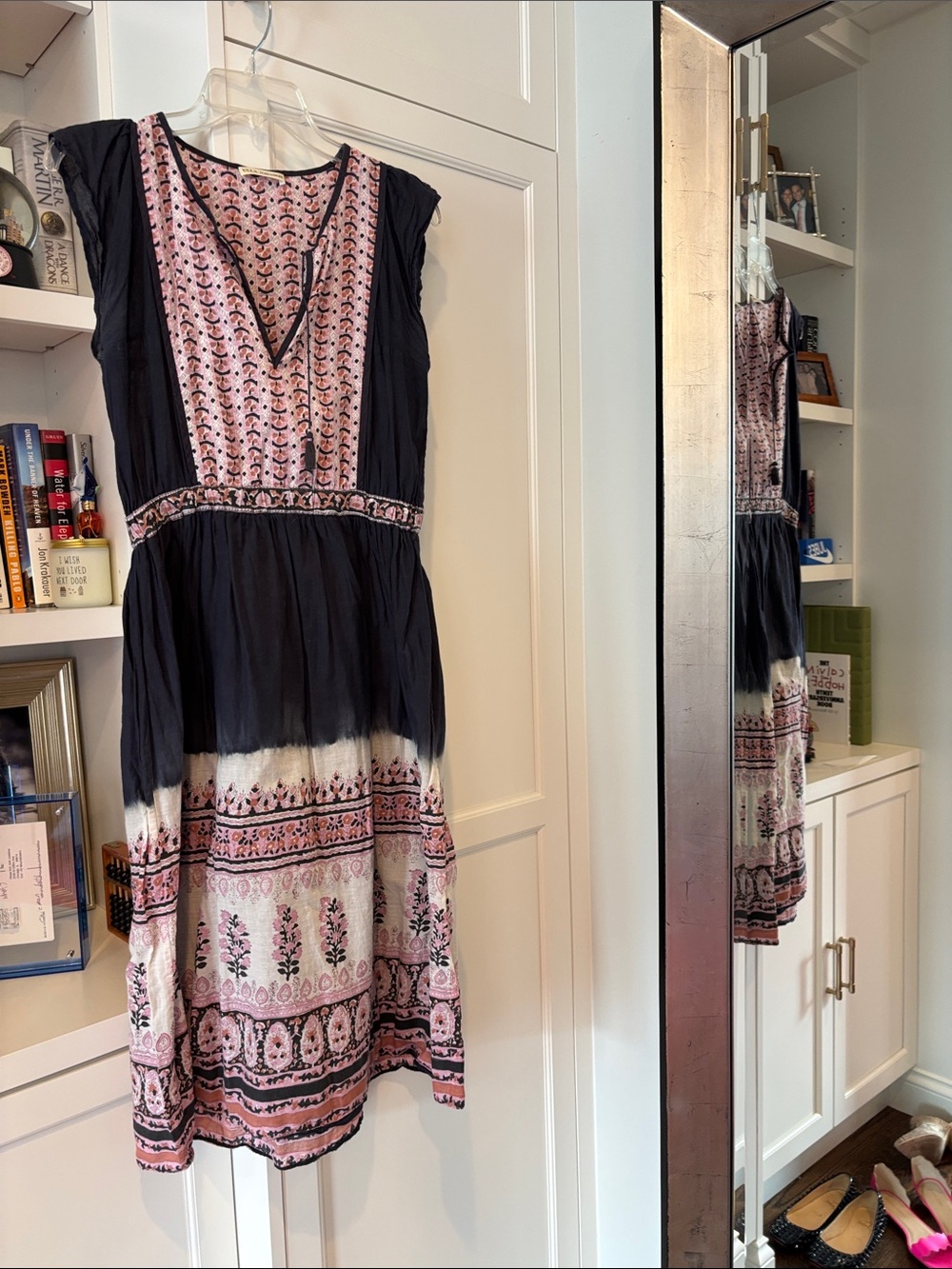 Ulla Johnson Pink & Black Embroidered V‑Neck Midi Dress